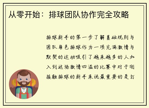 从零开始：排球团队协作完全攻略