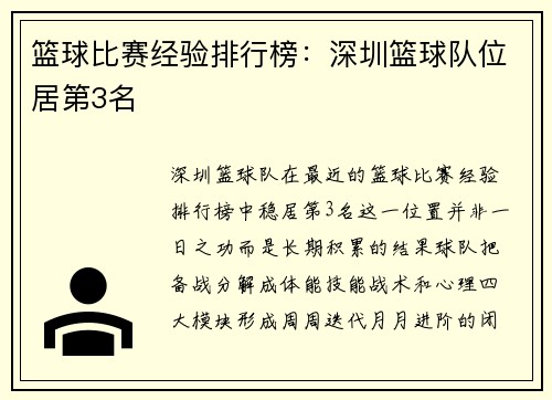 篮球比赛经验排行榜：深圳篮球队位居第3名