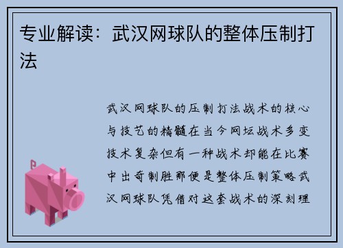 专业解读：武汉网球队的整体压制打法